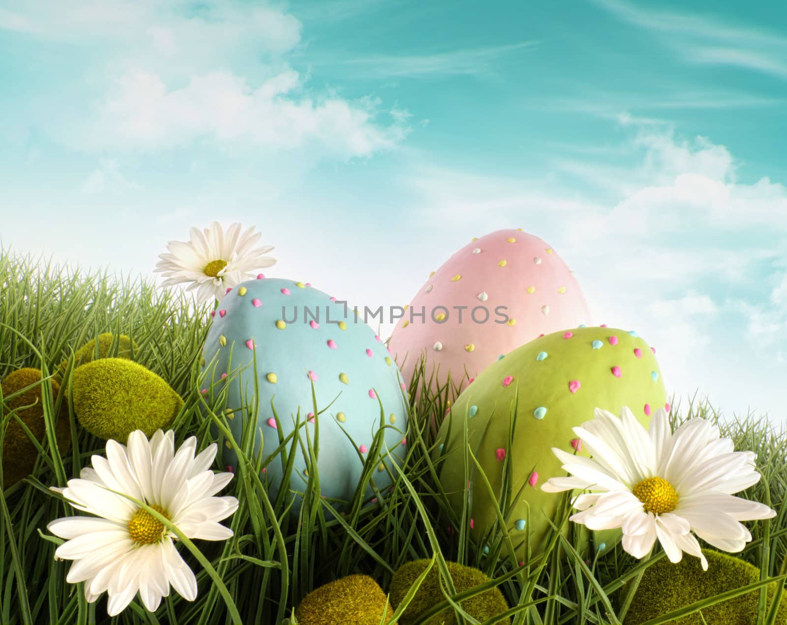 Decorated easter eggs in the grass with daisies  by Sandralise
