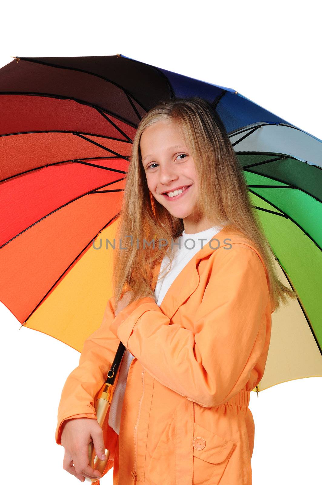 Girl with umbrella isolated on white background