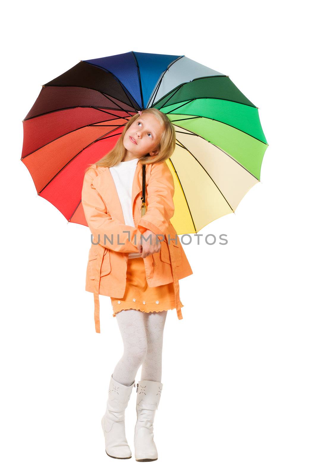 Girl with umbrella isolated on white background