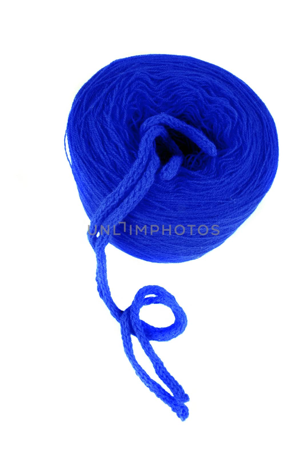 A spindle of blue wool, on white background.