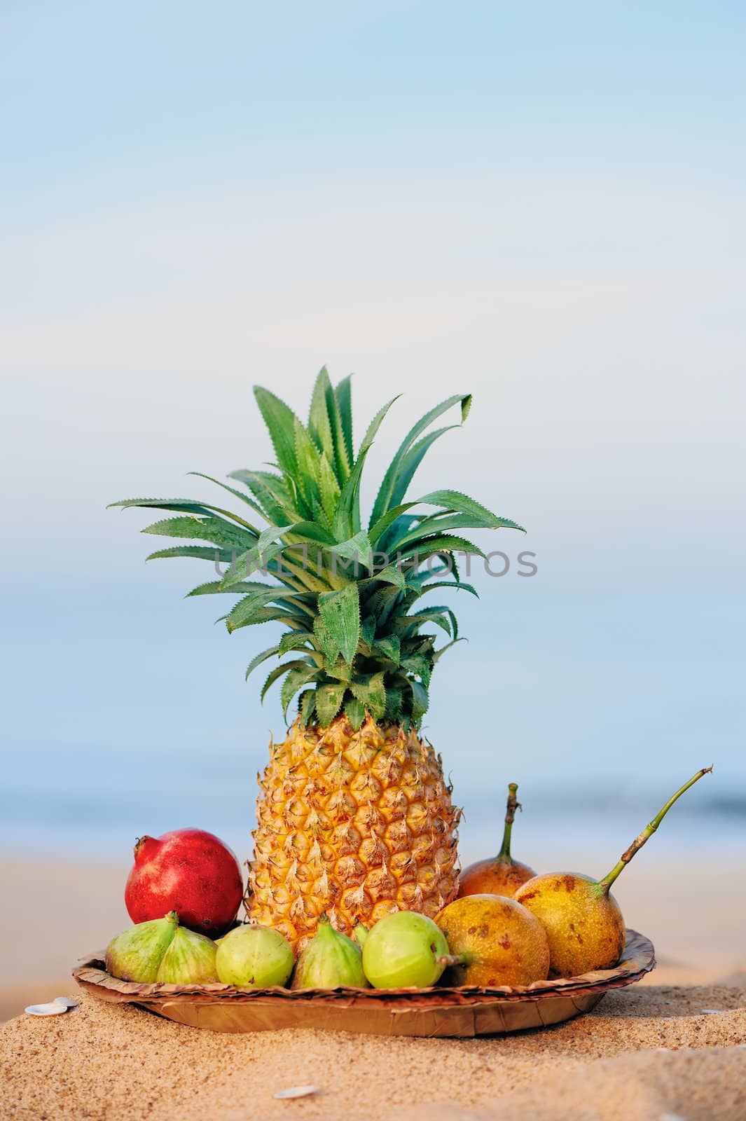 Pineapple and tropical fruit on the beach
