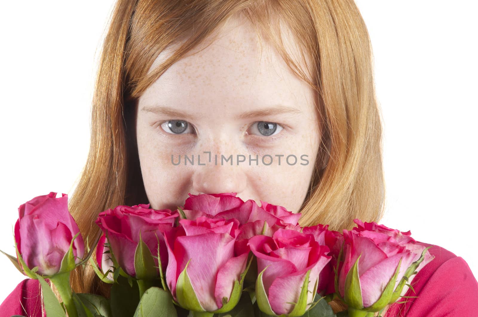 young girl is smelling at beautiful pink roses on a white backgr by ladyminnie
