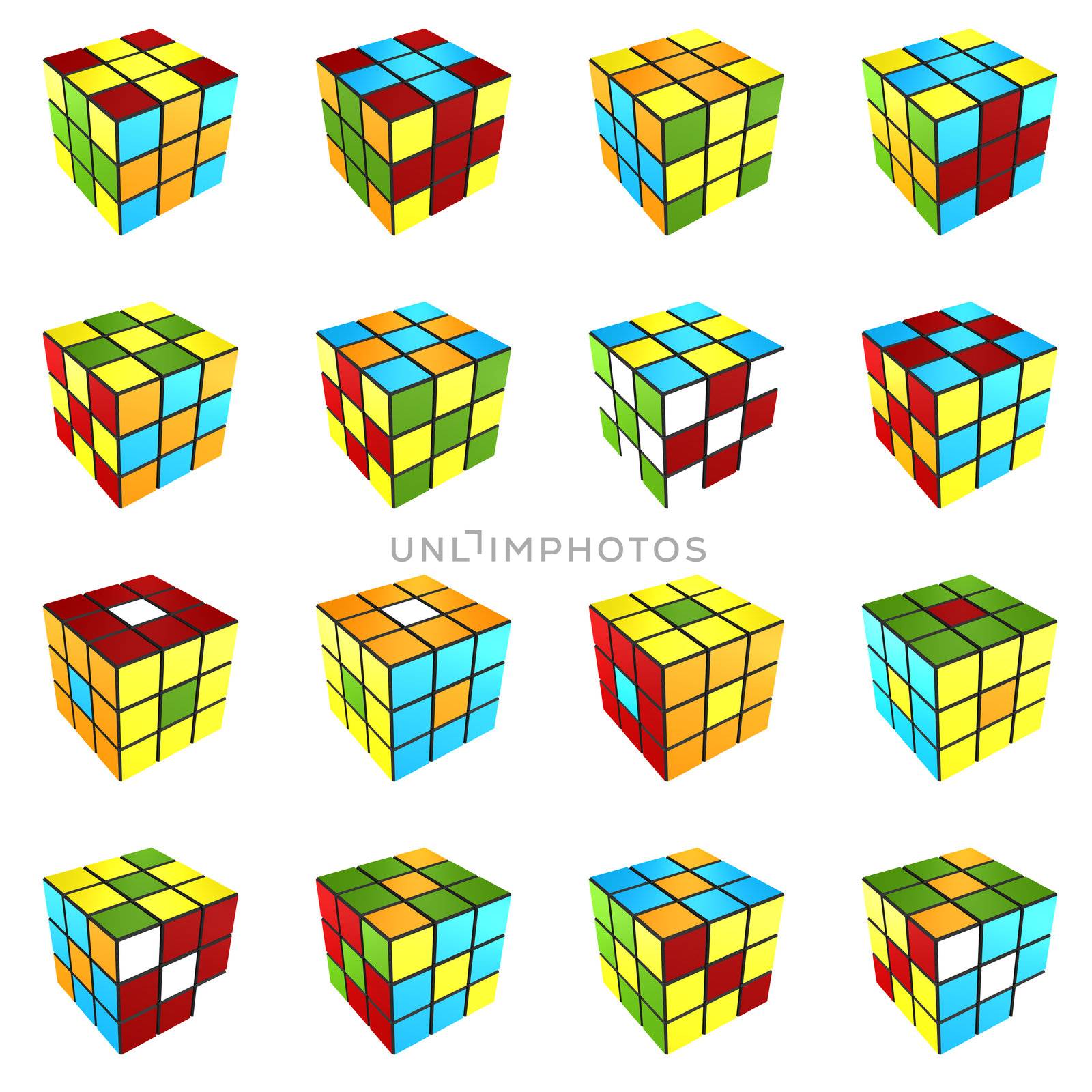 Rubik's cube different pattern on white background 3d render