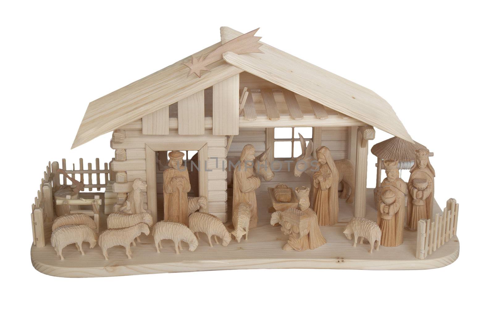 Nativity Scene made of wood, isolated on white