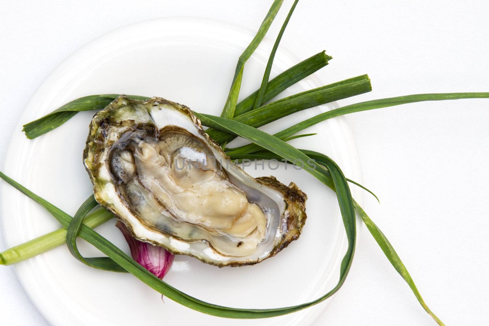 Raw oyster with green onion garnish.