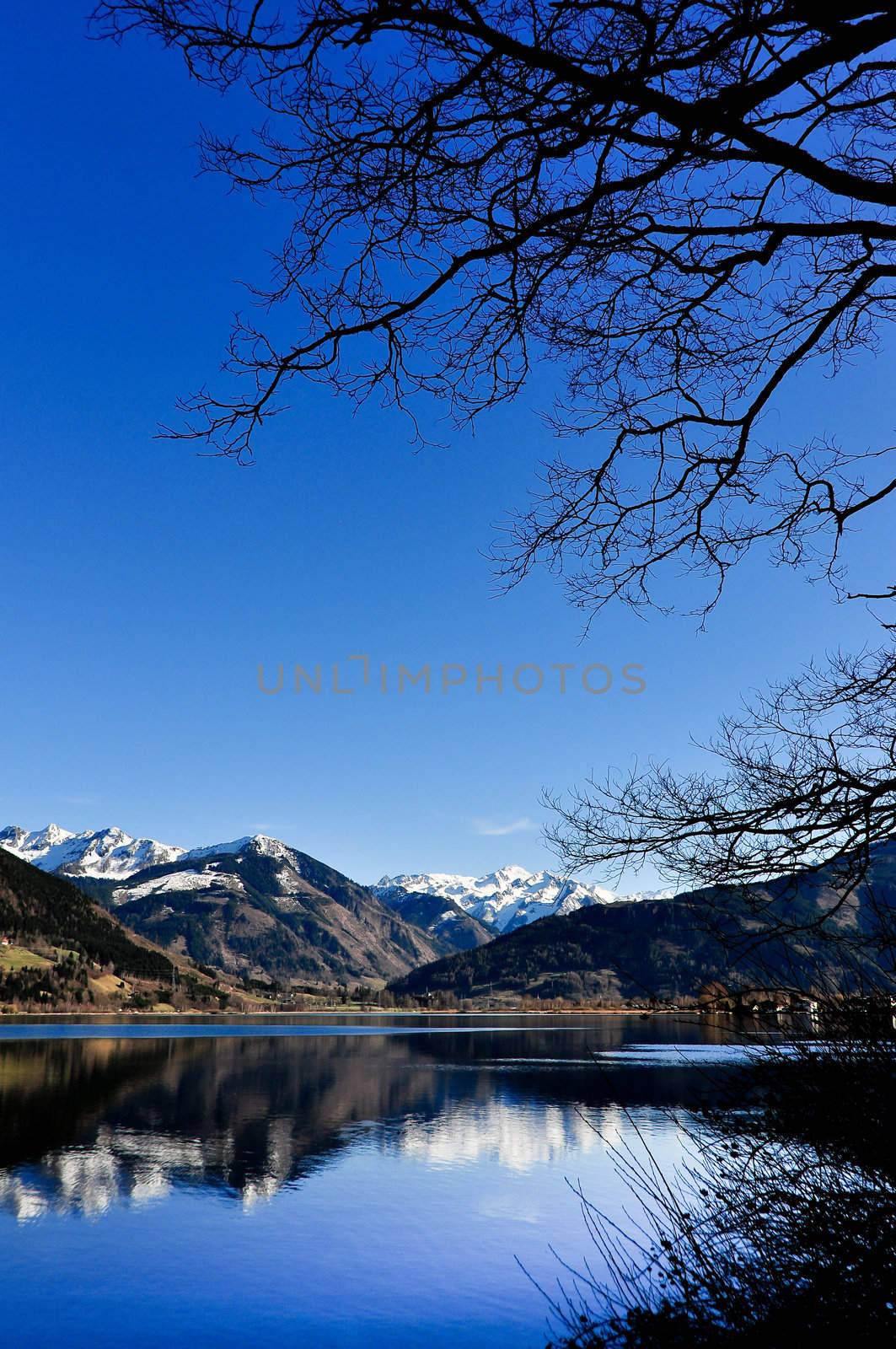 Mountain lake landscape view with water reflection