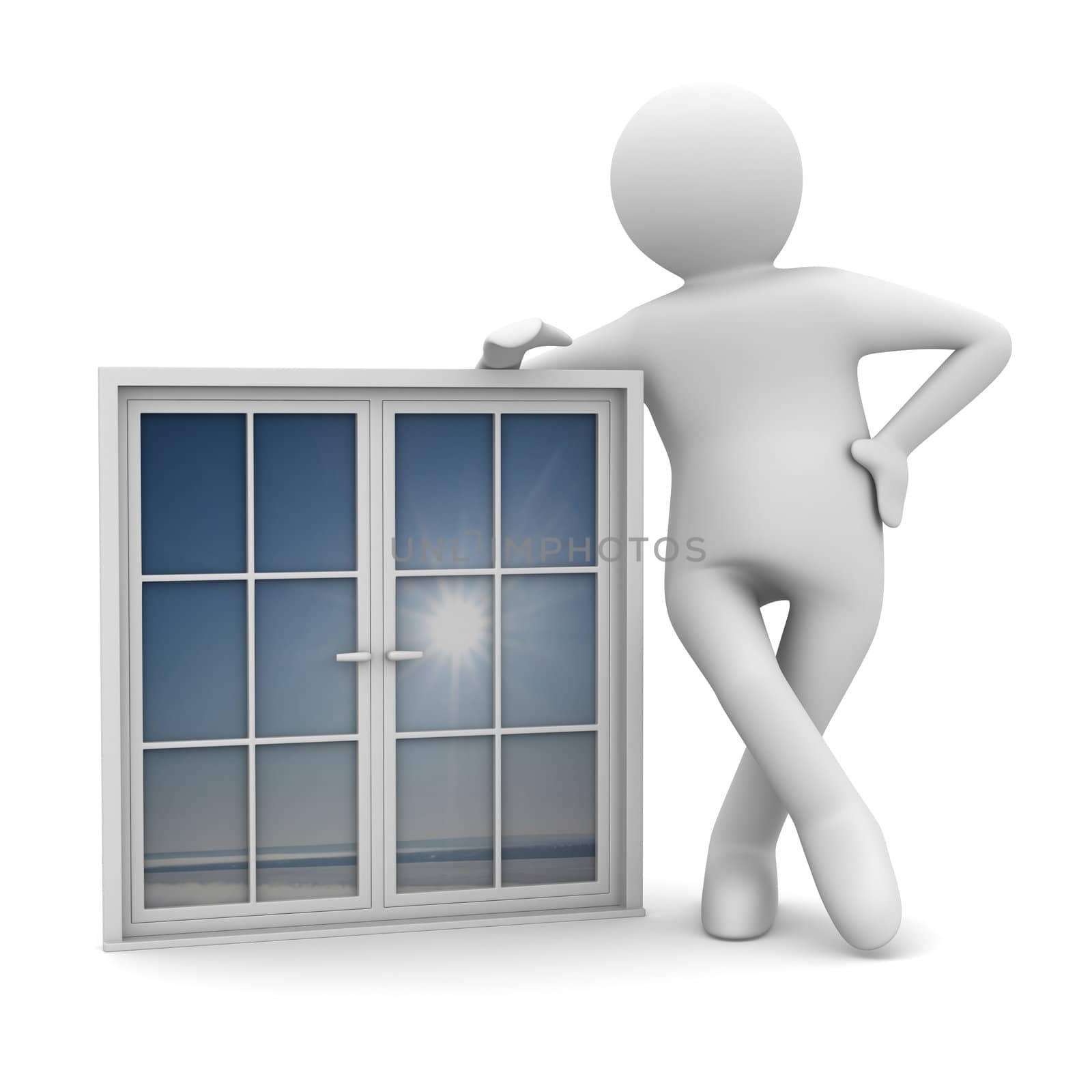 Man with window on white background. Isolated 3D image