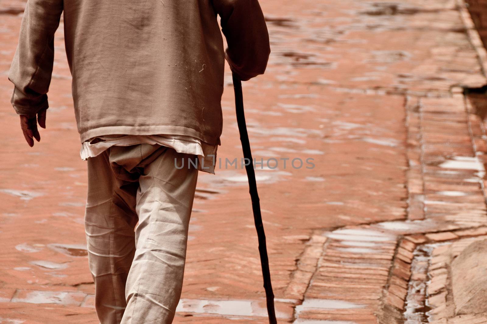 Walking old man with a stick on the brick pavement