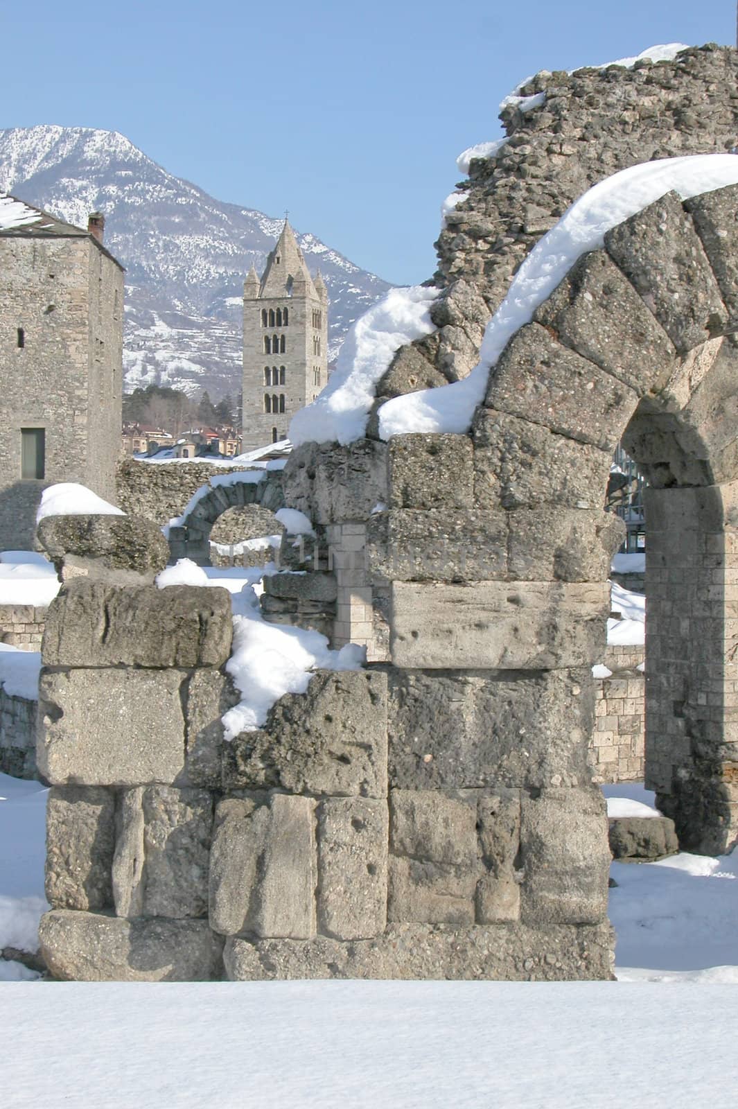 Ruins of the Roman Theatre and Church of Sant'Orso in Aoste, Italy