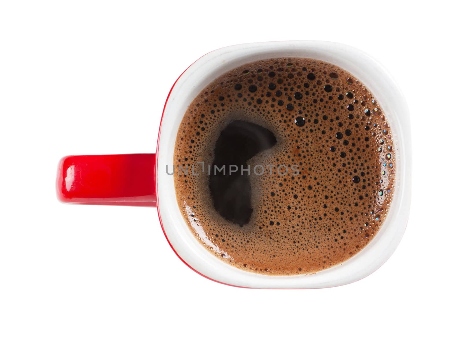 A red cup of coffee isolated over white background. Top view