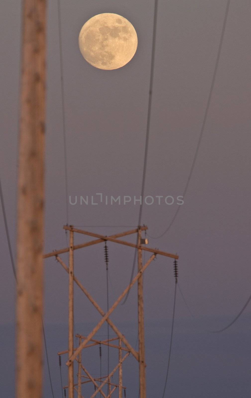 Power Lines and Full Moon by pictureguy