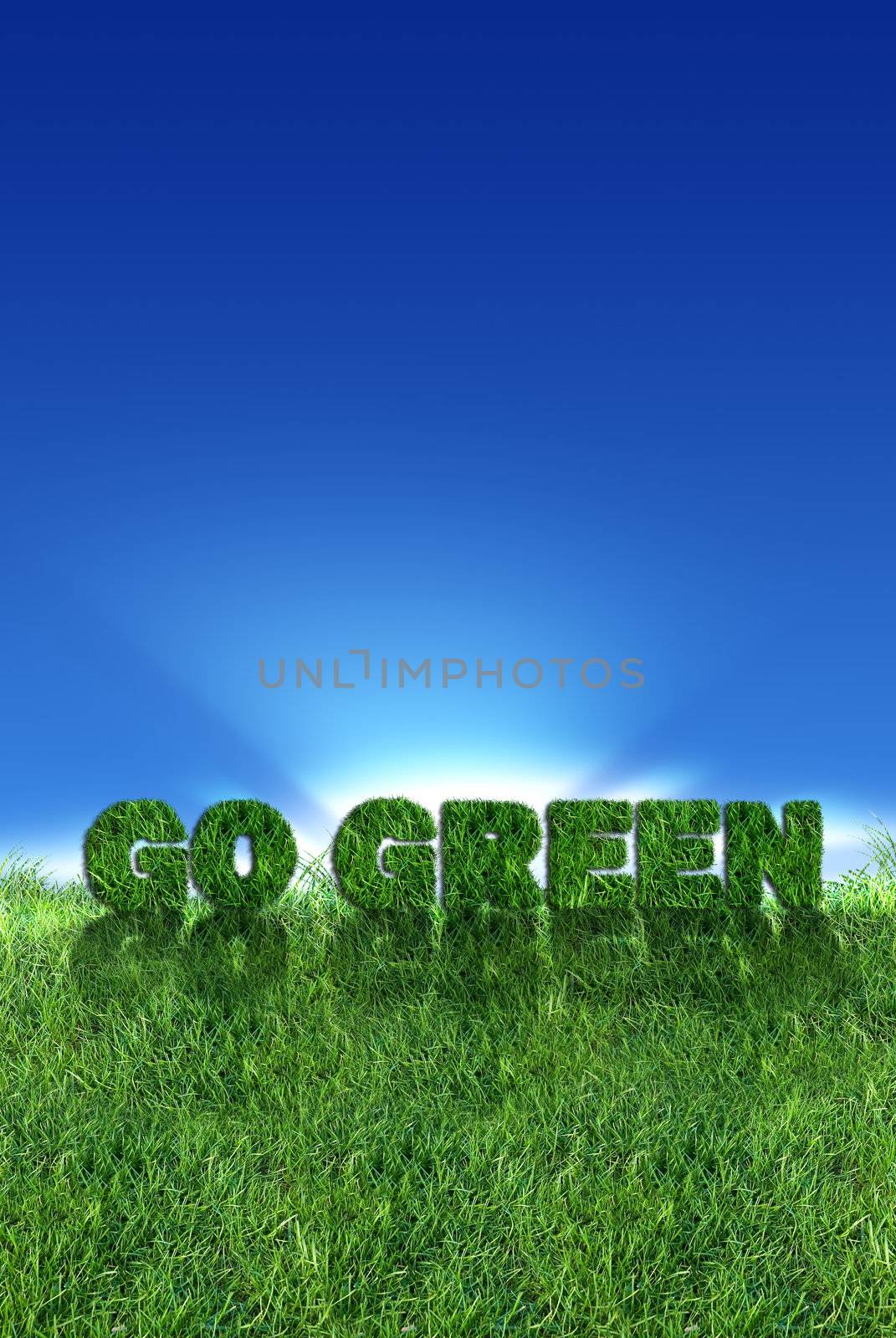 Textured go green sign over fresh grass. Clear blue sky background.
