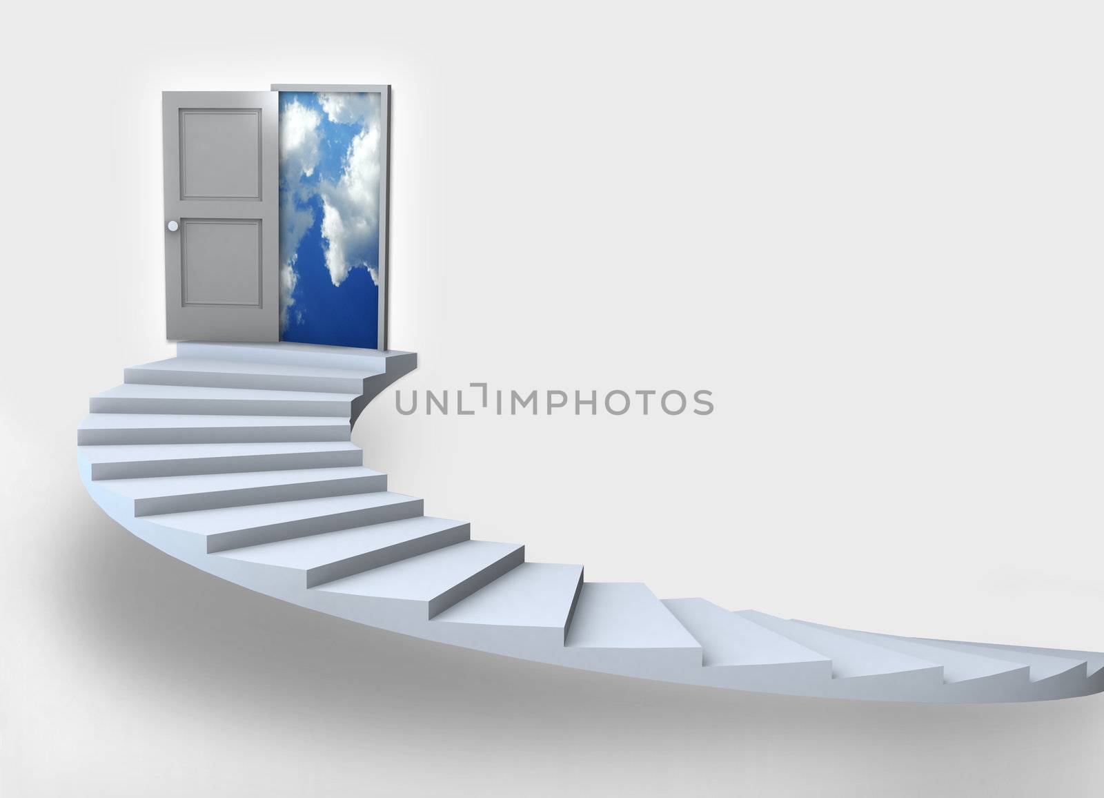 Staircase with open door to a semi cloudy blue sky. 3D illustration