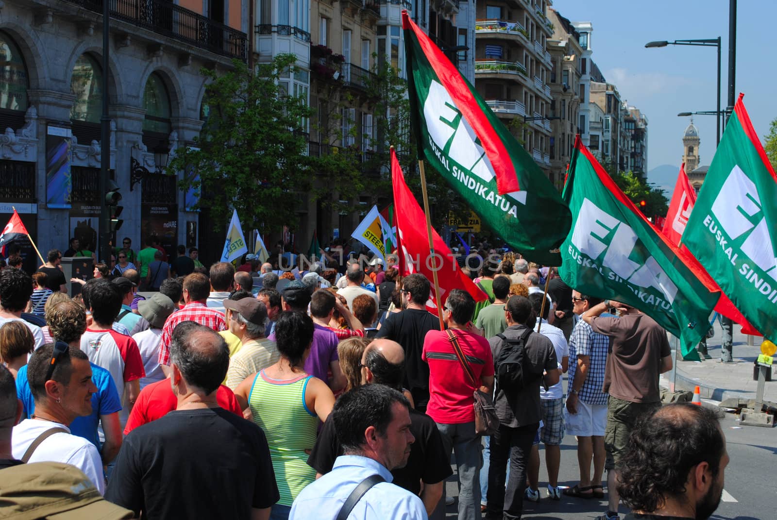 Flags of the Basque Workers' Solidarity (Eusko Langileen Alkartasuna) during a general strike in San Sebastian (Donostia).