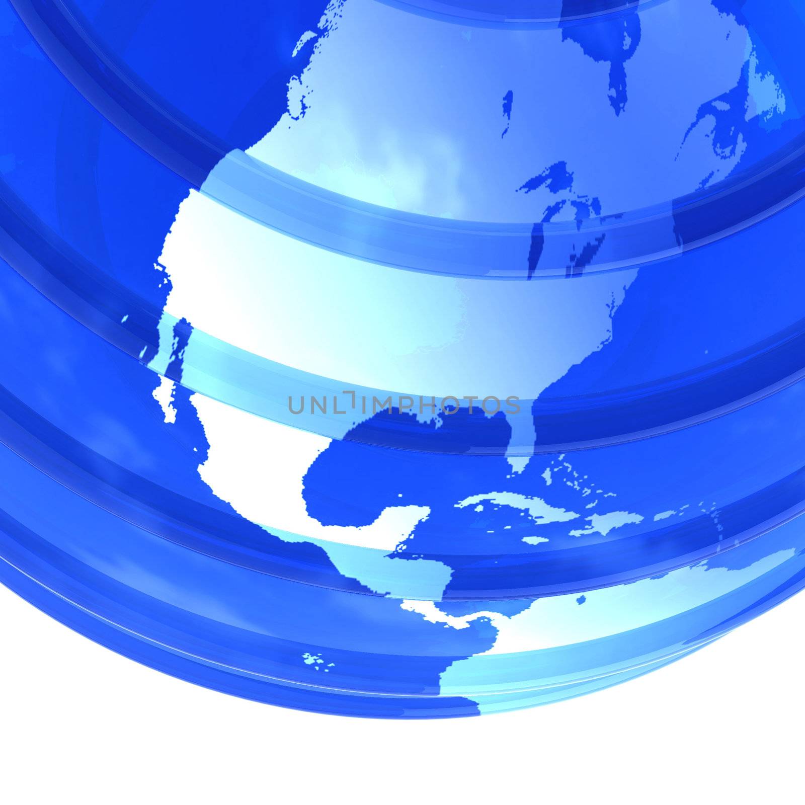 Blue glassy transparent planet Earth with lines parallel. 3D object focused in North America on white background.