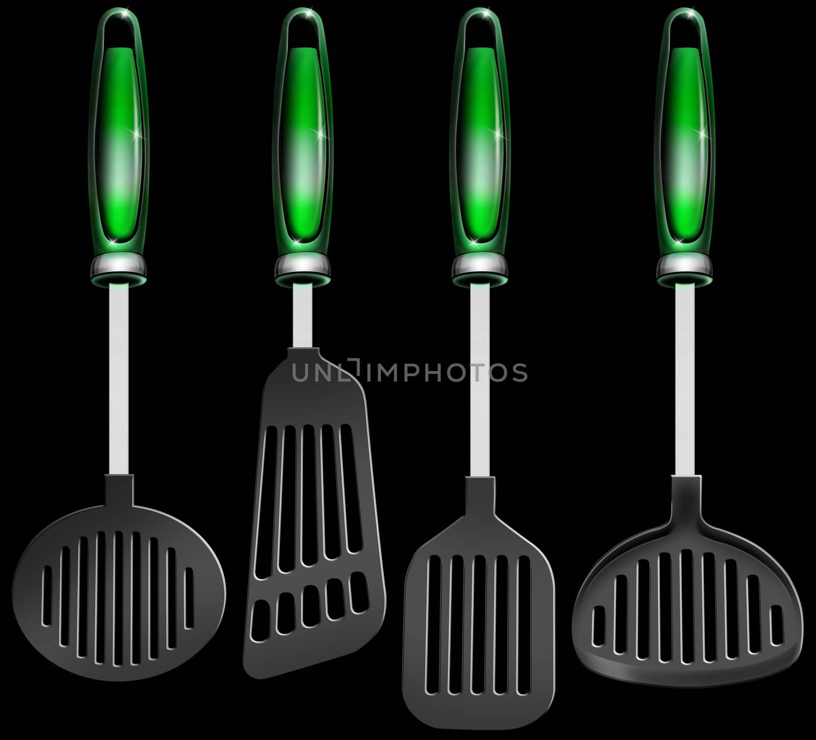 Illustration with four kitchen utensils, spatulas on a black background