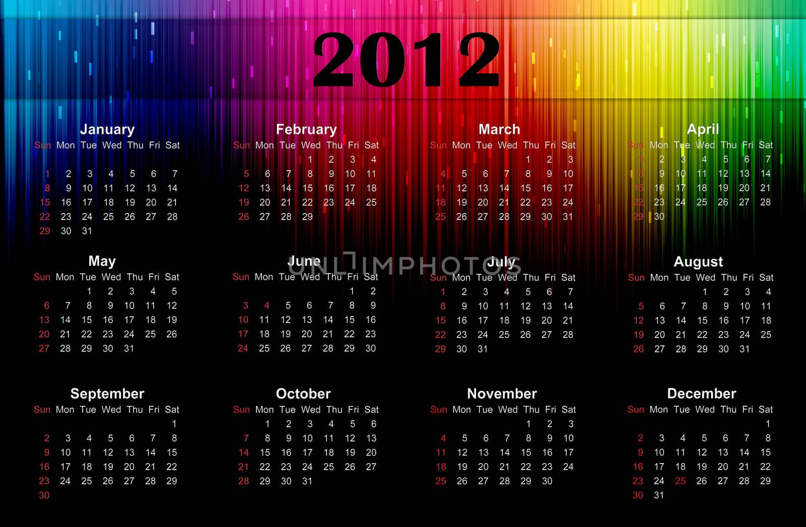 2012 colorful calendar on three rows