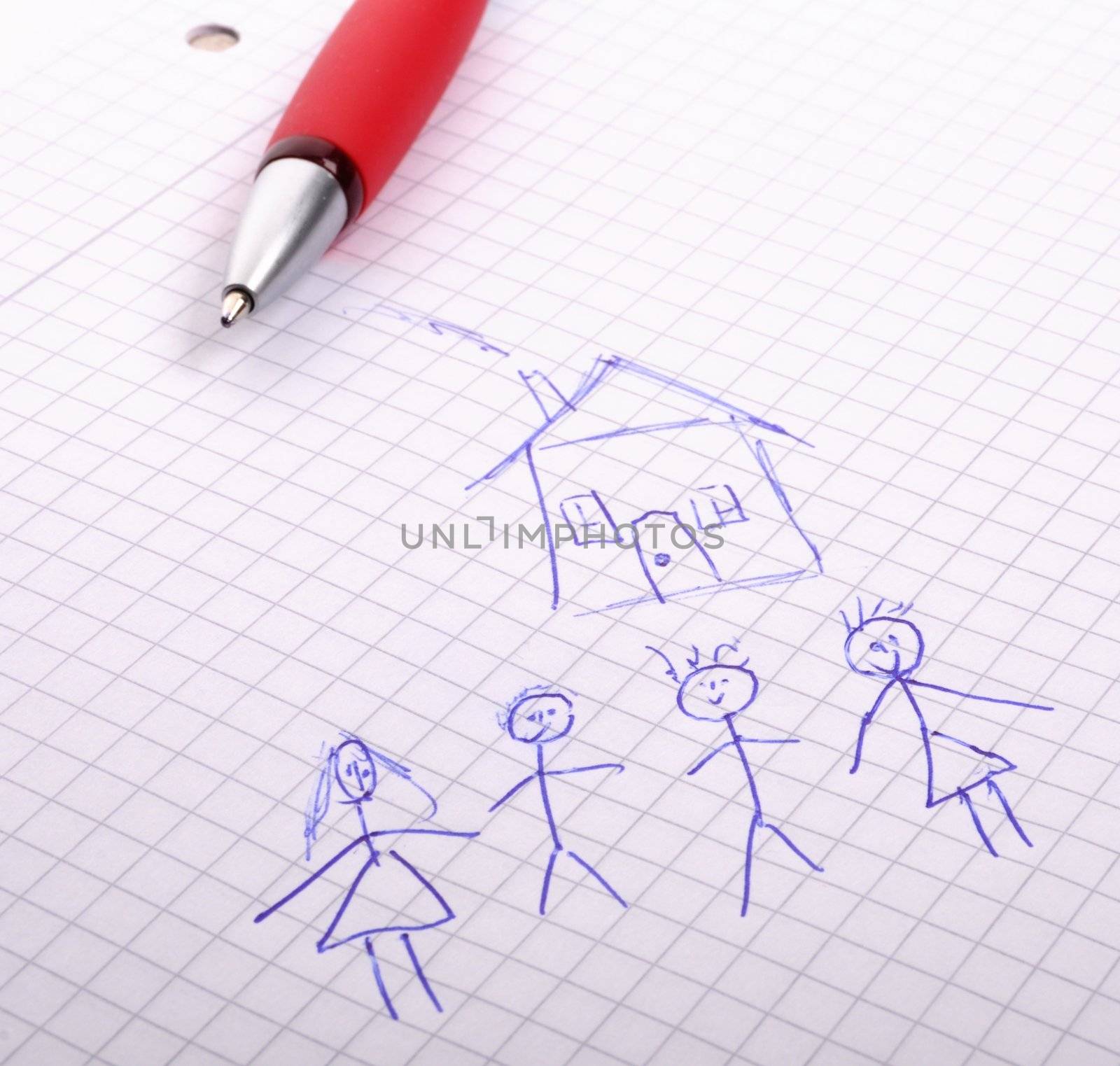 real estate concept with young family and house drawing