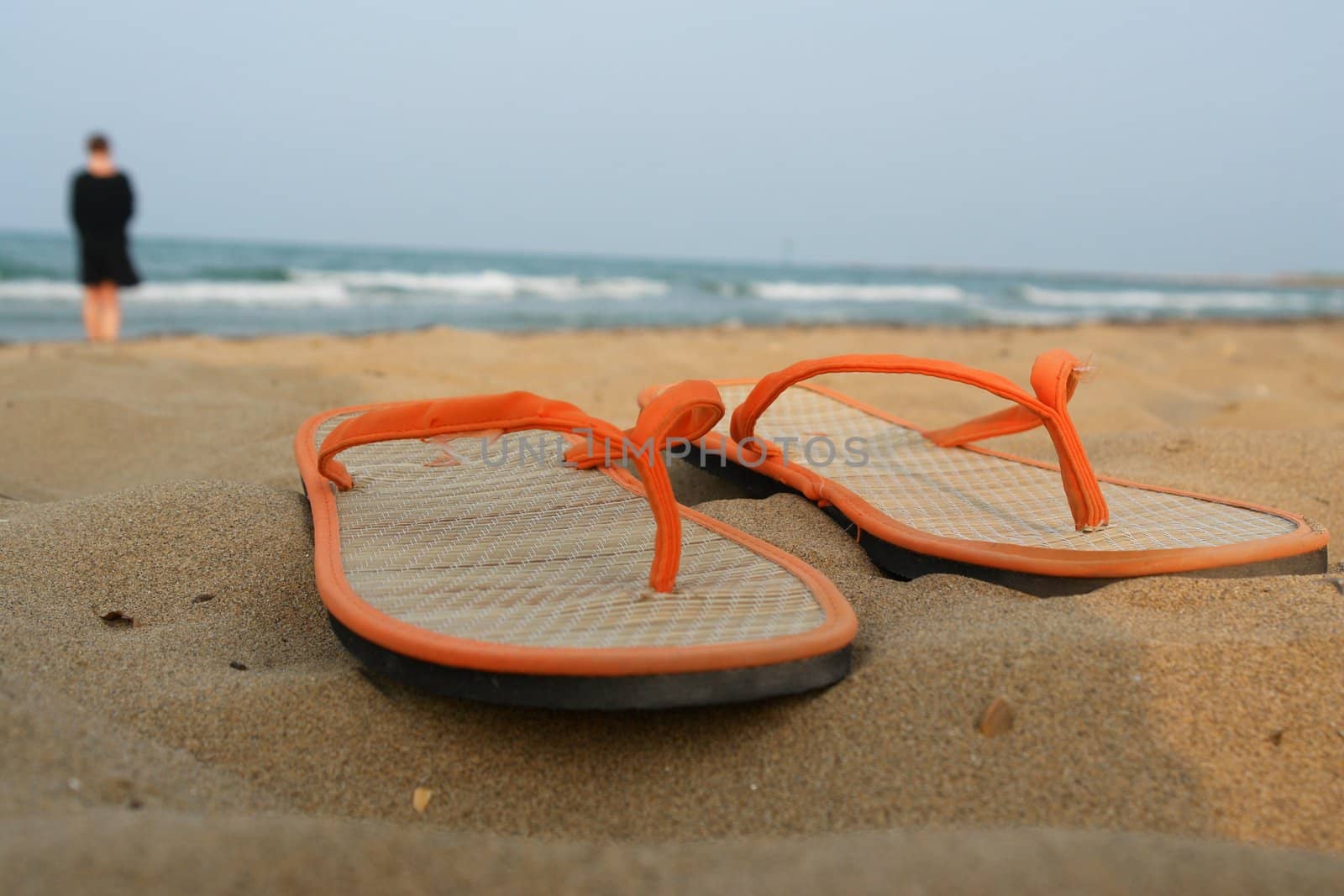 Sandals at the beach. on a hot day