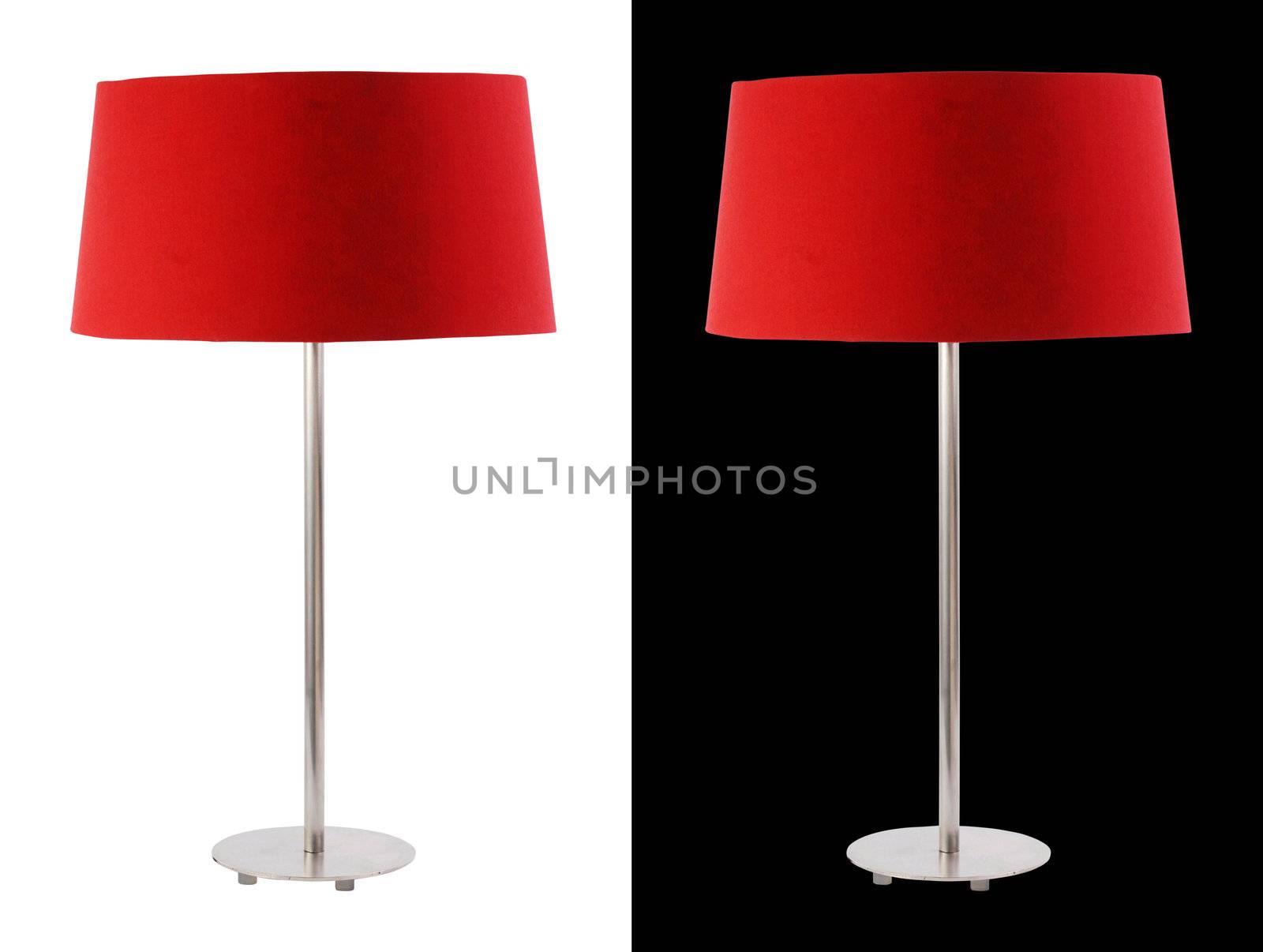 Contemporary metallic and red fabric table lamp isolated on white and black backgrounds. Included clipping path, so you can easily cut it out and place over the top of a design.