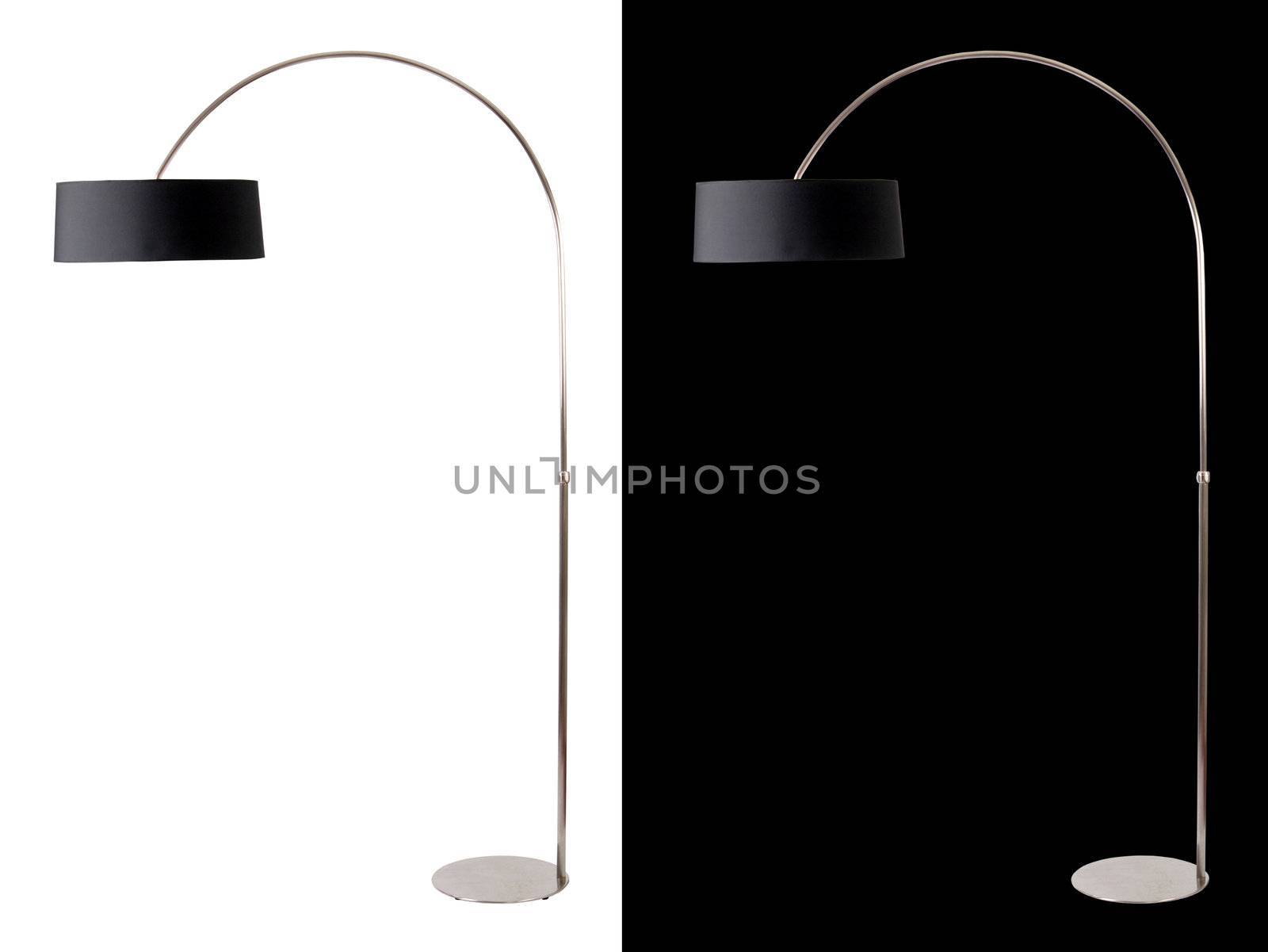 Contemporary metallic and black floor lamp on white and black backgrounds. Clipping path included for both, so you can easily cut it out and place over the top of a design.