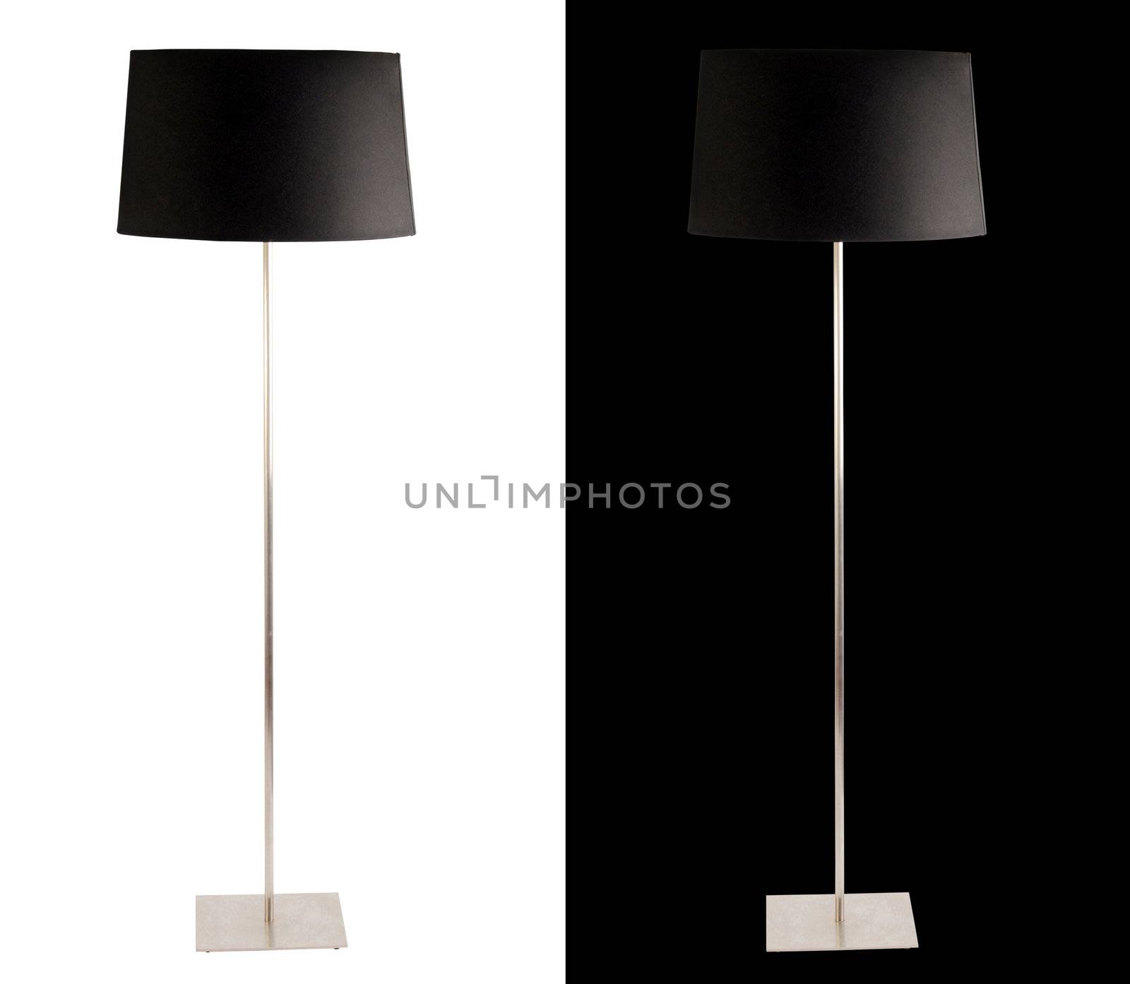 Contemporary metallic and black floor lamp on white and black backgrounds. Clipping path included for both, so you can easily cut it out and place over the top of a design.