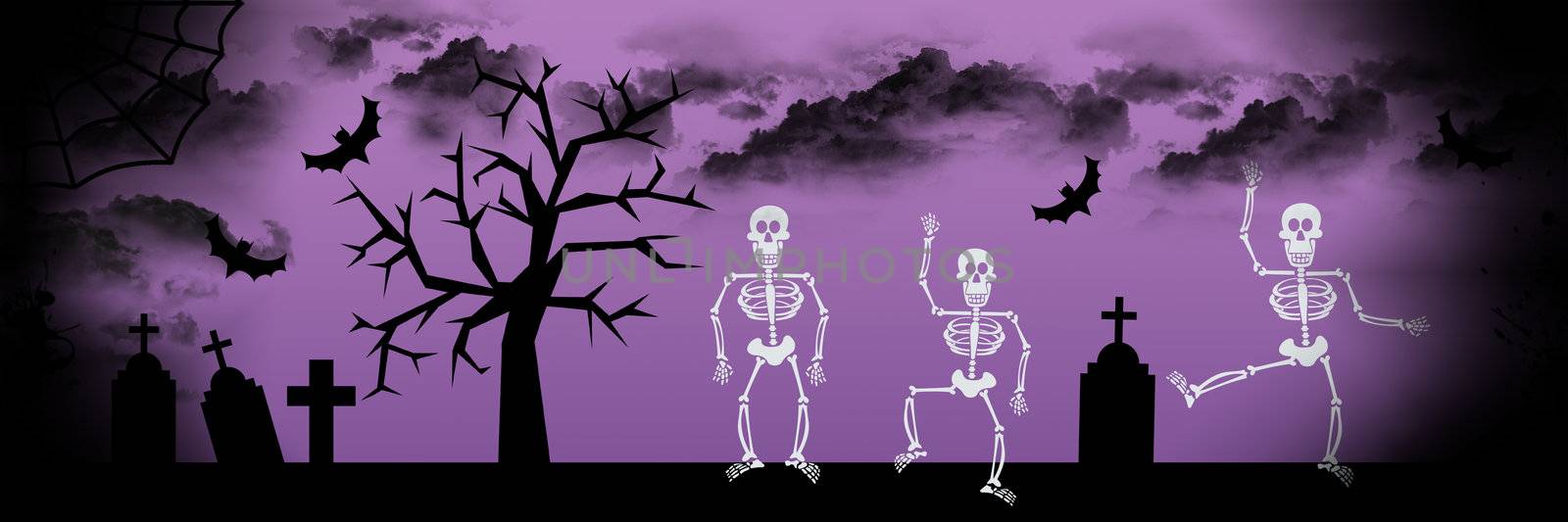 Scary dancing skeleton, tombs and tree Halloween banner background.