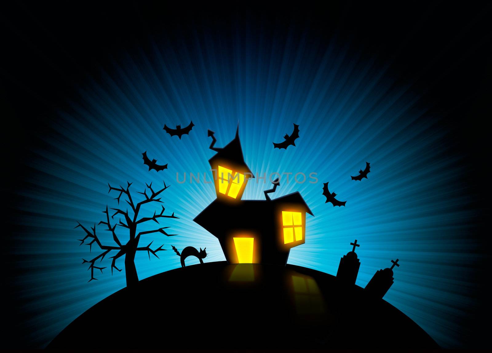 Terror night halloween background with house, cat, tombs and trees.