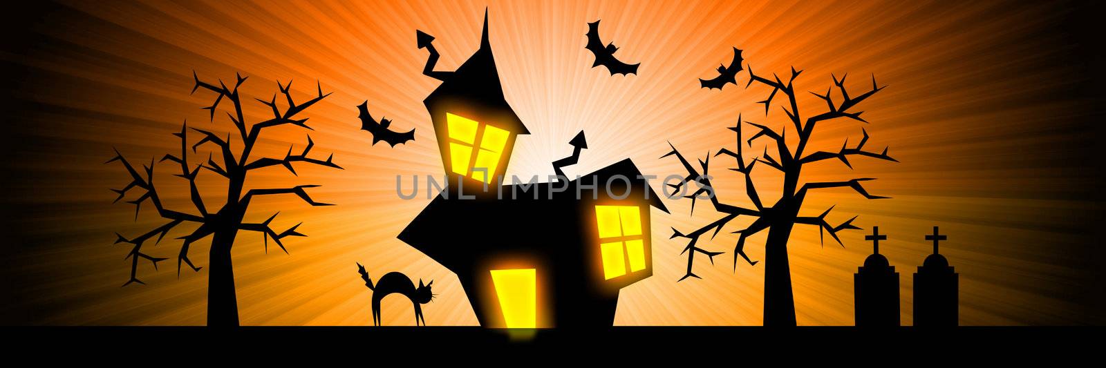 Terror night halloween orange banner background with house, cat, tombs and trees.