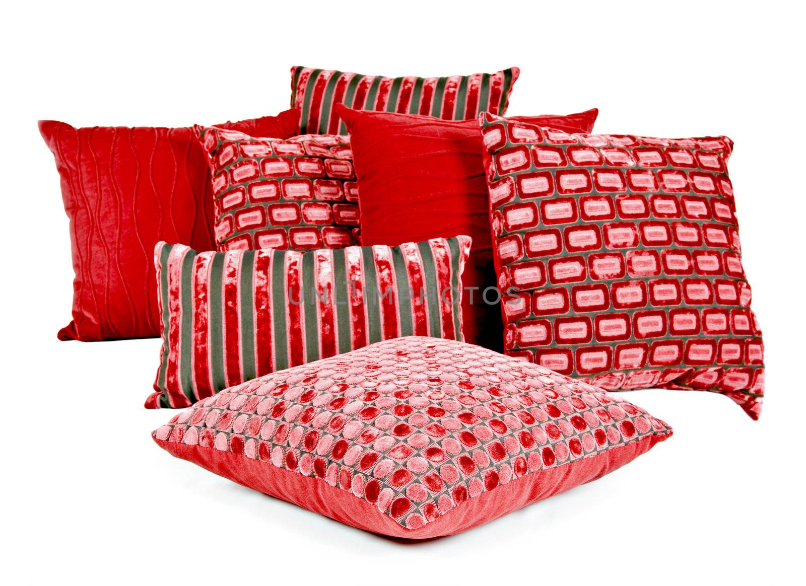 Combination of red and brown pillows on a white background