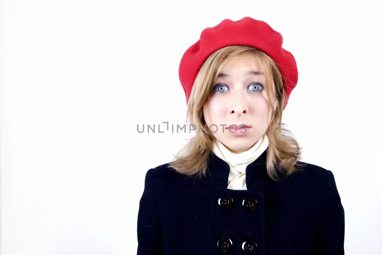  Young surprised girl in French style isolated on white  