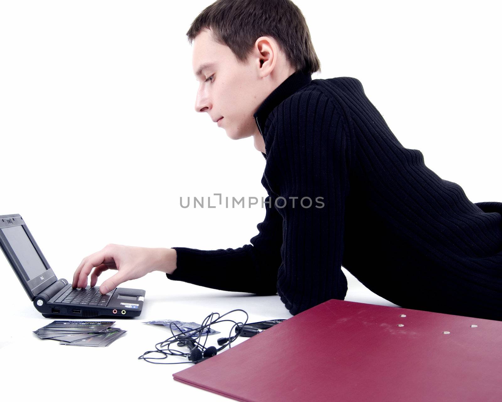 young busy man isolated on white
