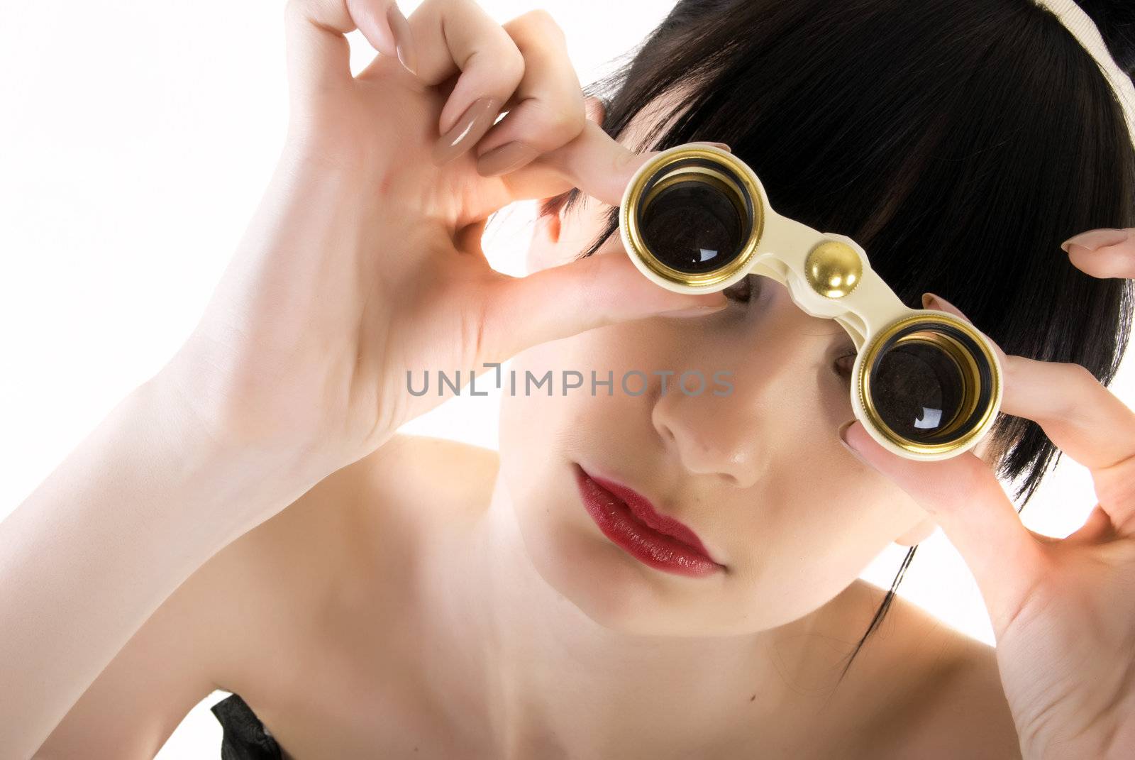 young attractive girl with binoculars isolated on white