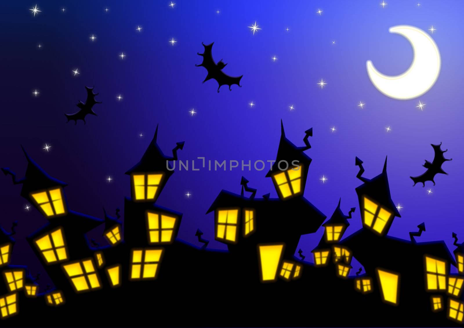 Halloween nightmare cityspace with bats and moon over blue background.