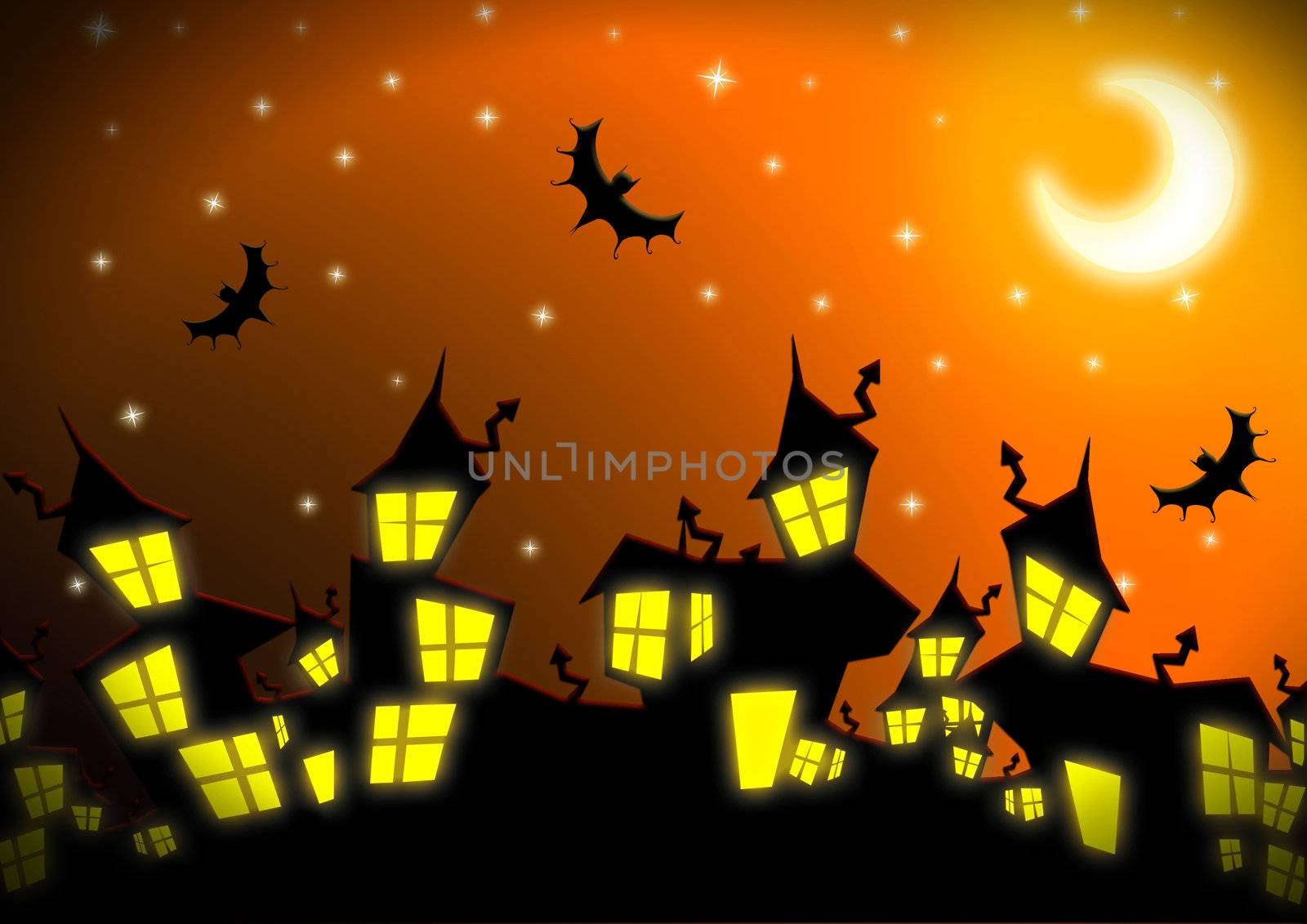 Halloween nightmare cityspace with bats and moon over orange background.