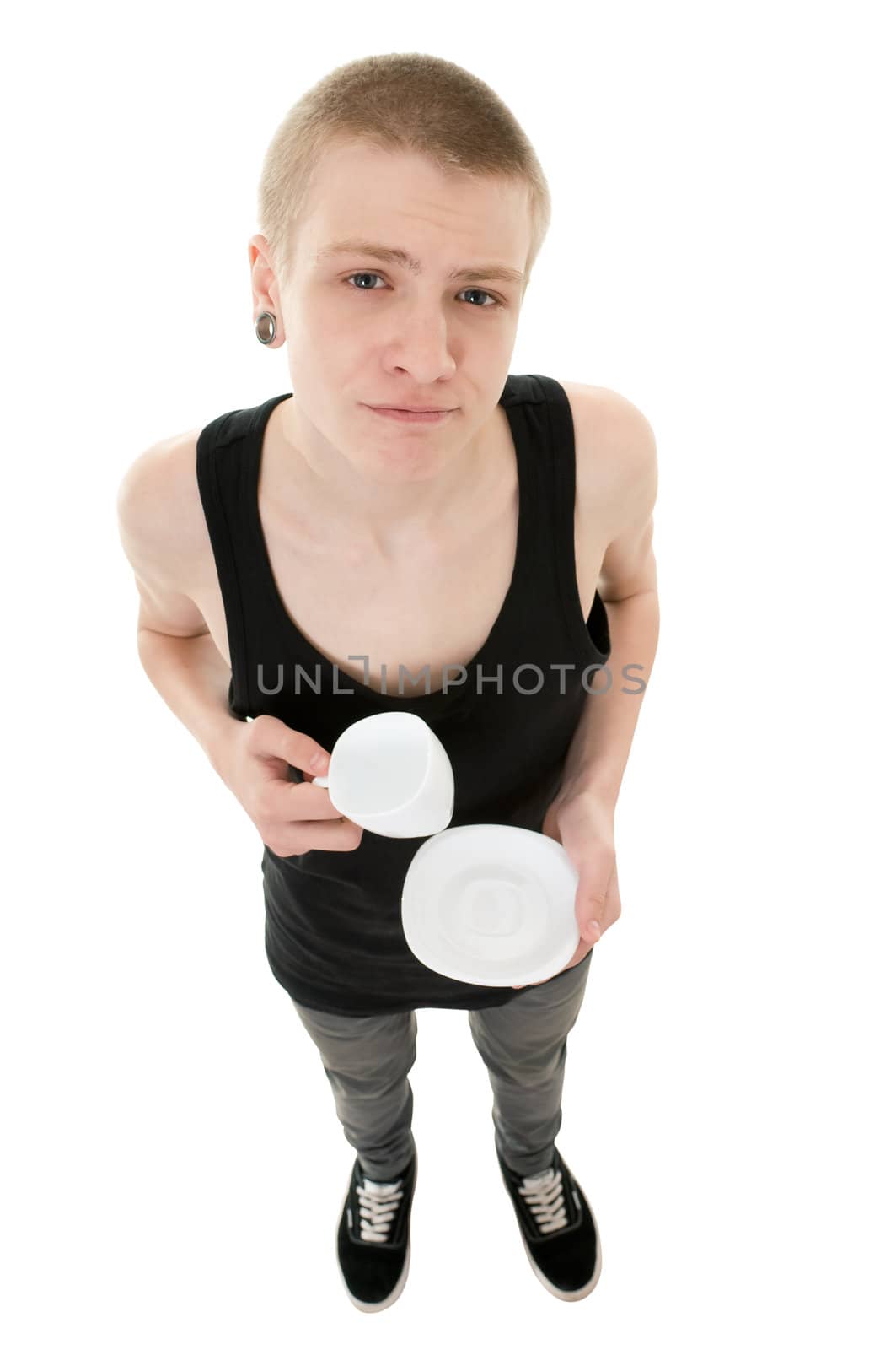 funny skinny teenager with a cup isolated on white background