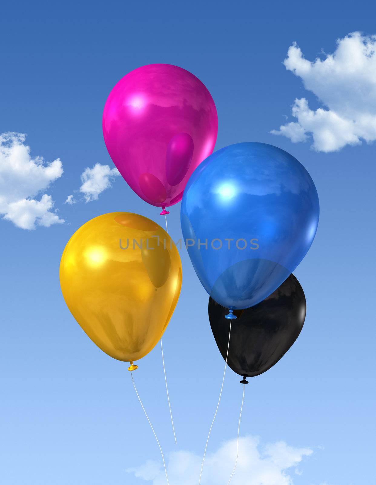 CMYK primary colored air balloons floating on a blue sky
