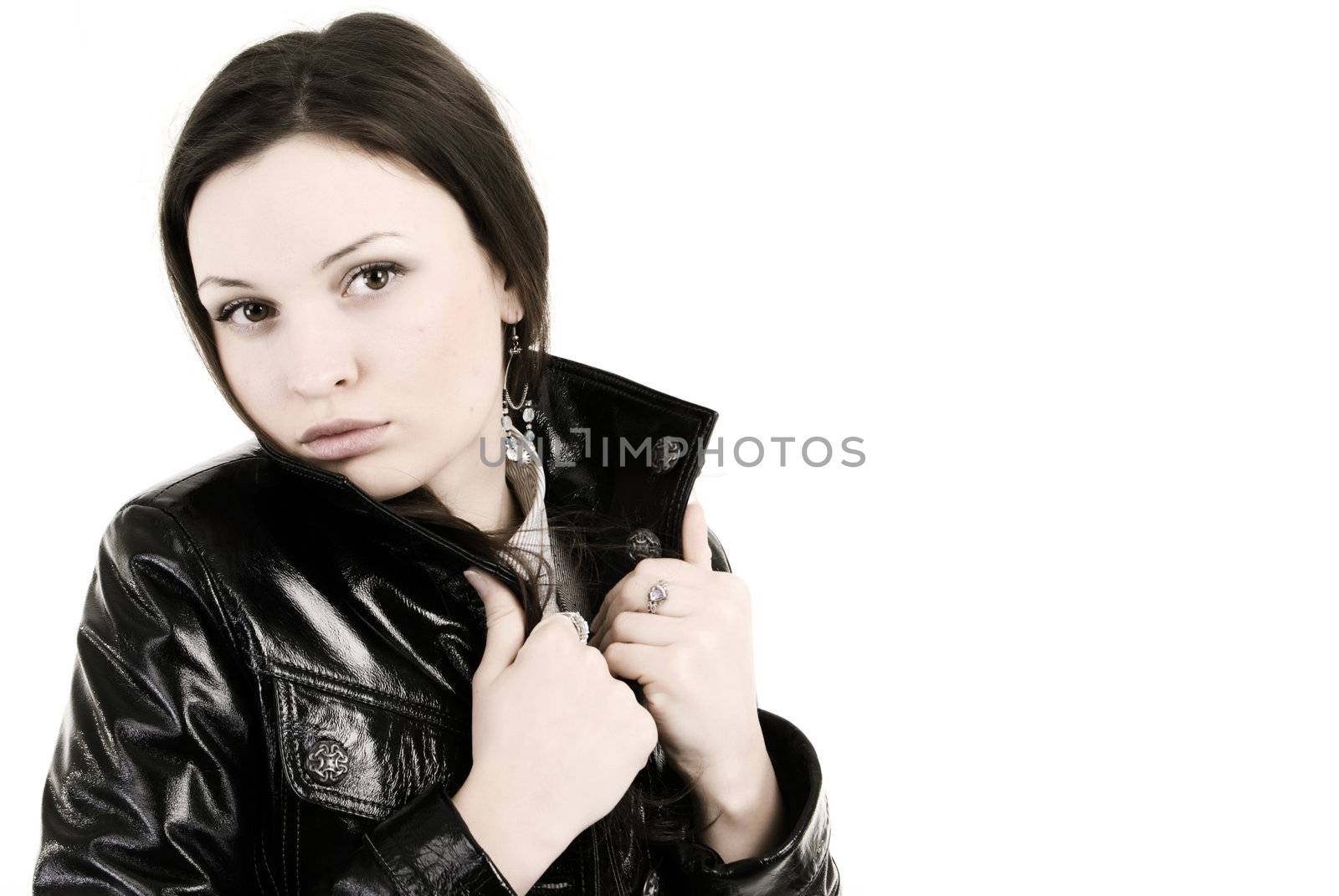  young girl in leather jacket  isolated on white