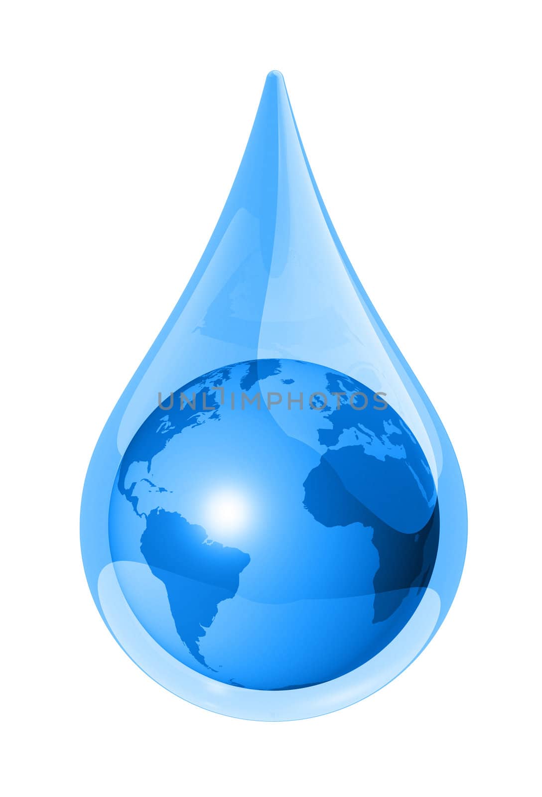 world globe map in a water drop isolated on white. 3D ecology symbol