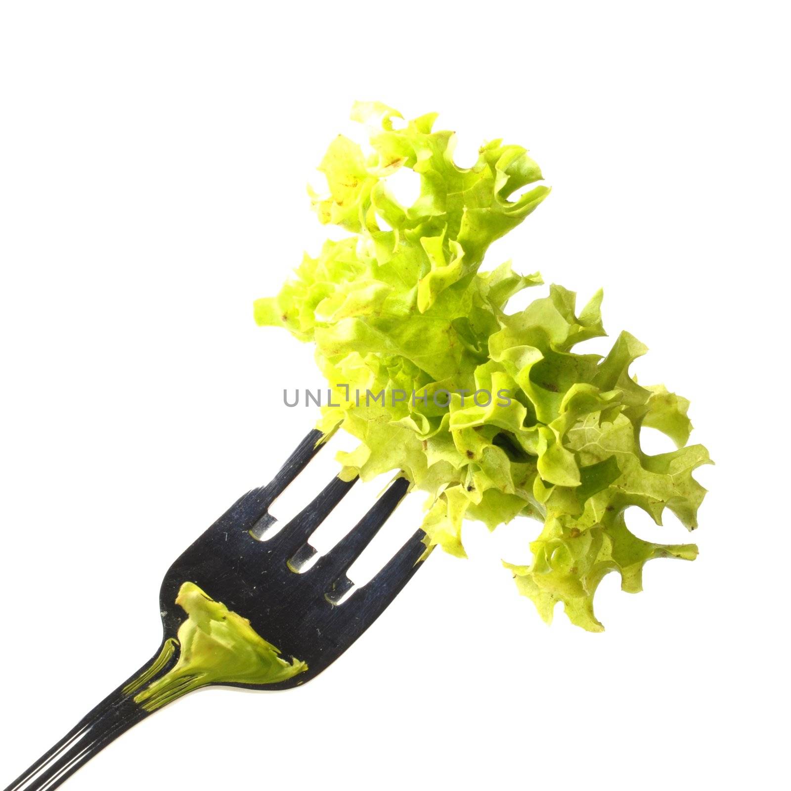 green salad and fork isolated on white background