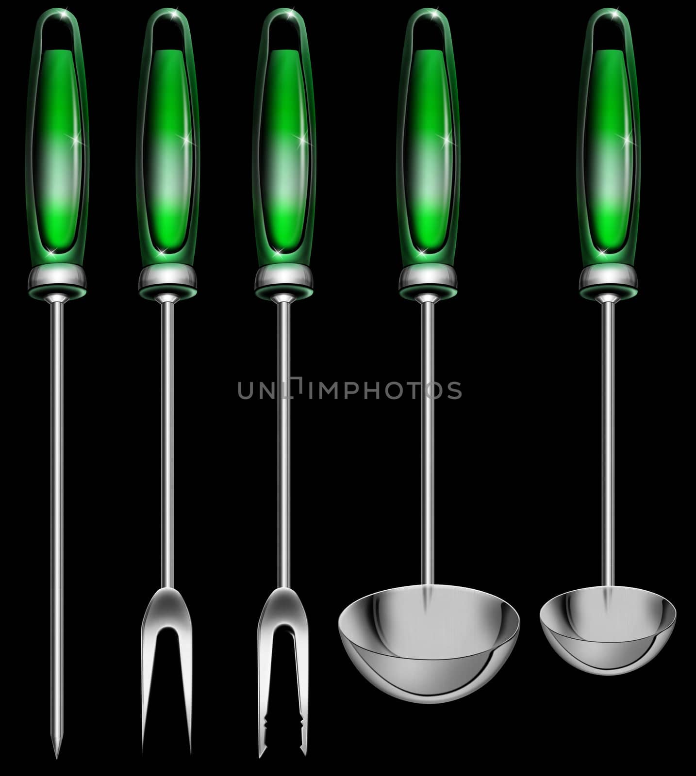 Illustration with four kitchen utensils, 2 ladles, 2 forks and awl on a black background