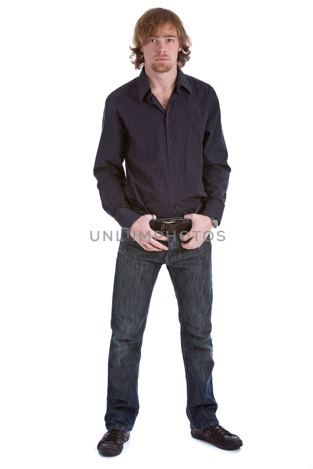 Young caucasian man standing in casual pose on white background