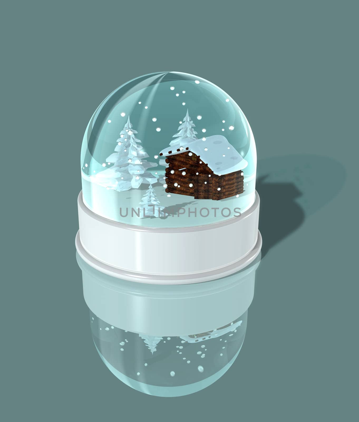 three dimensional illustration of a snow globe with a shack and firs