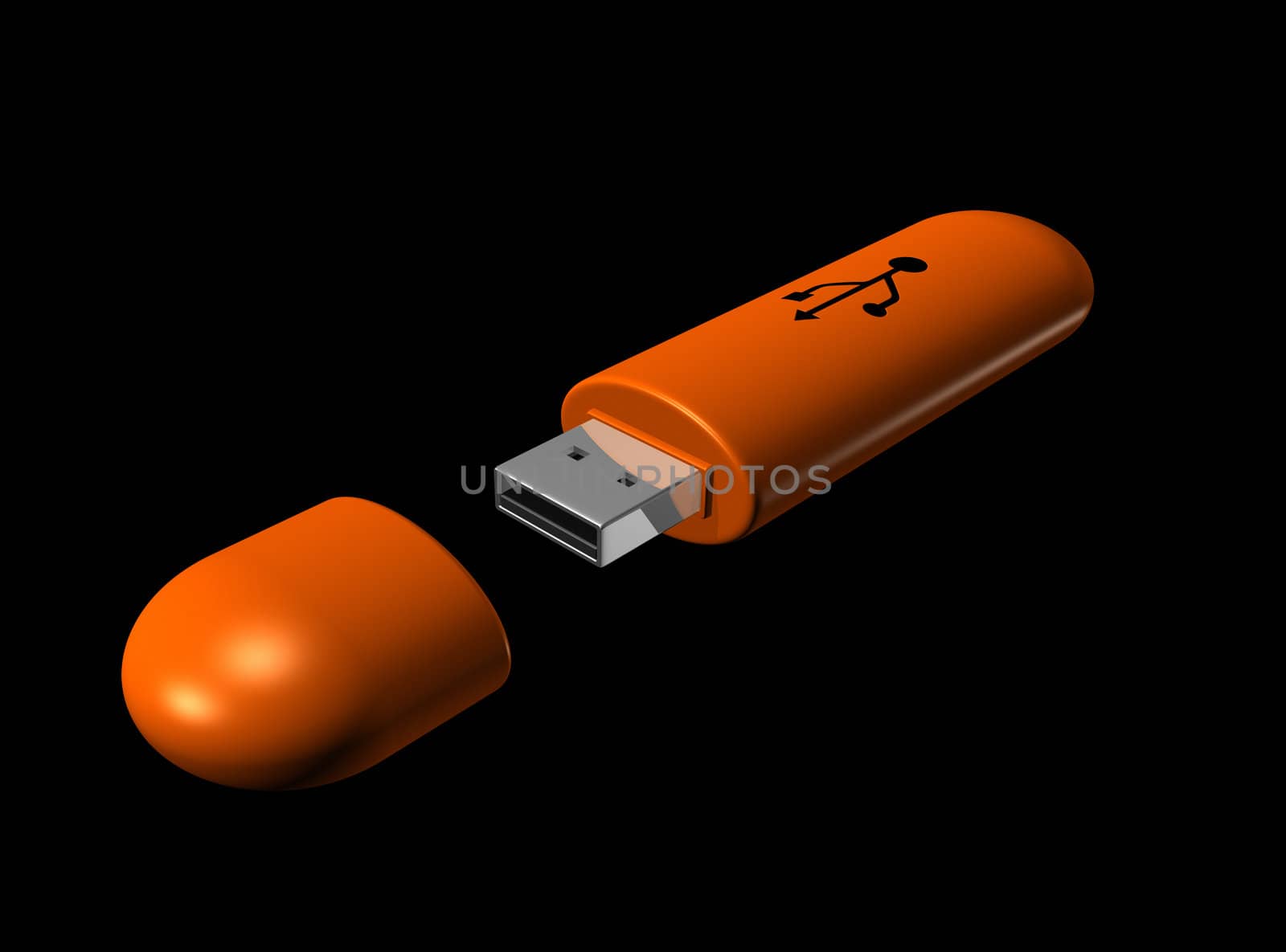 3D orange USB key isolated on black background