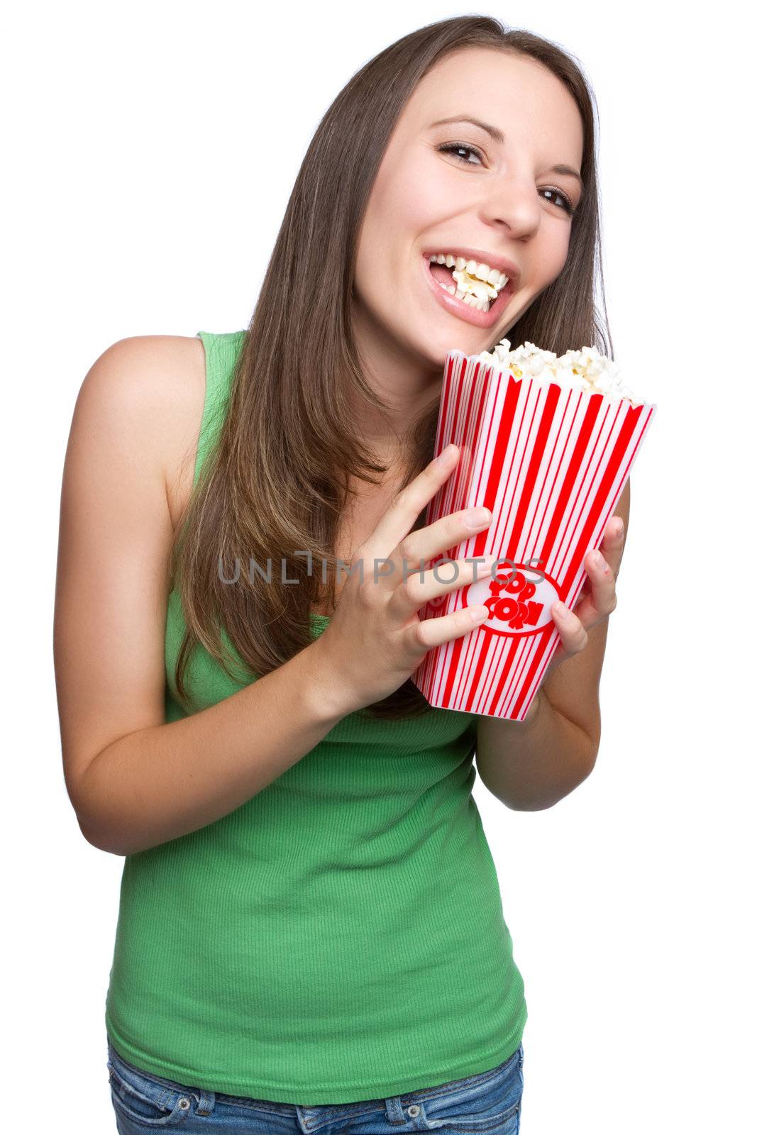 Isolated teenage girl eating popcorn