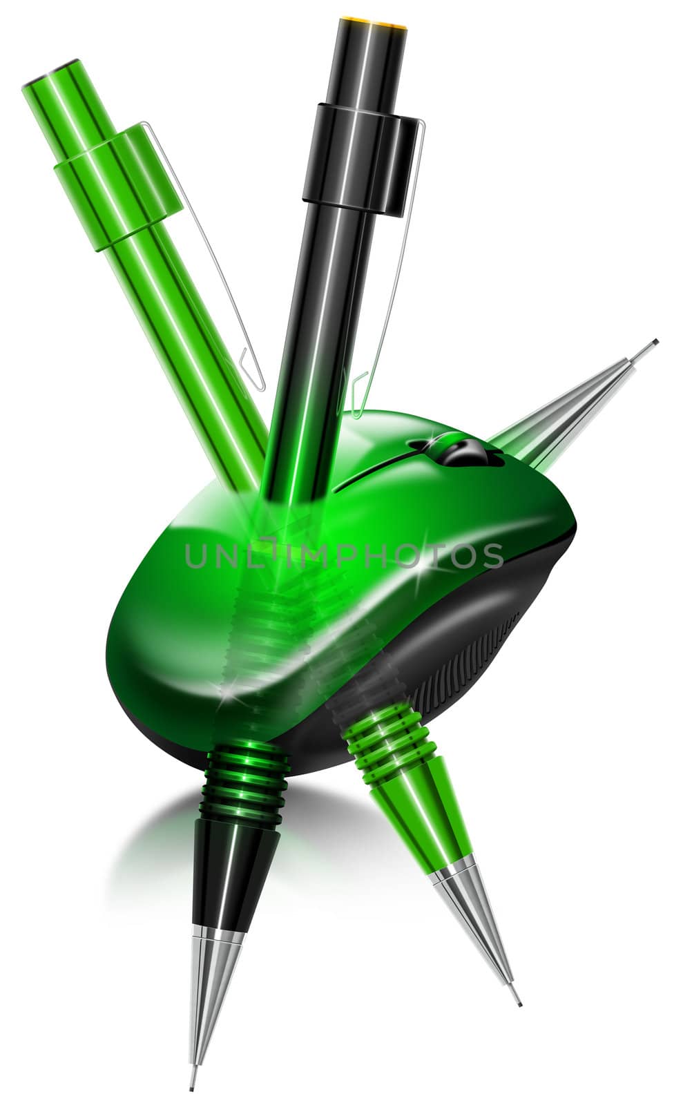 Illustration with green mouse and green and black propelling pencils, the concept of design and creativity to the computer