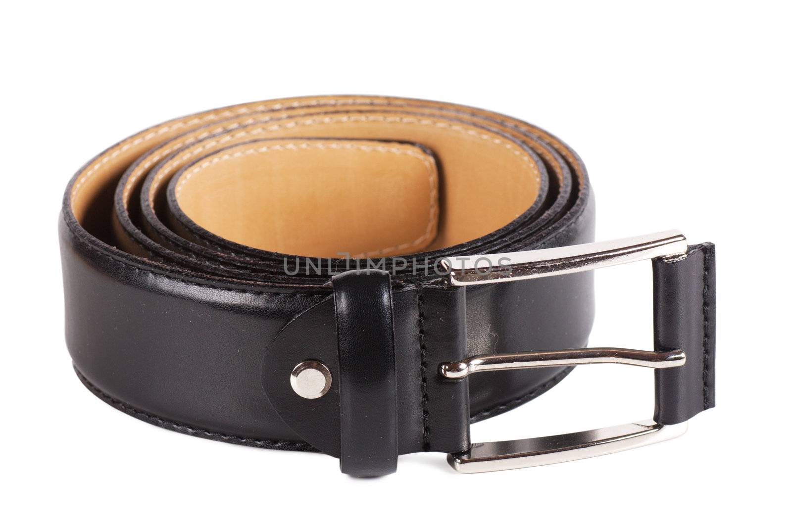 Men's black leather belt with metallic buckle isolated over white