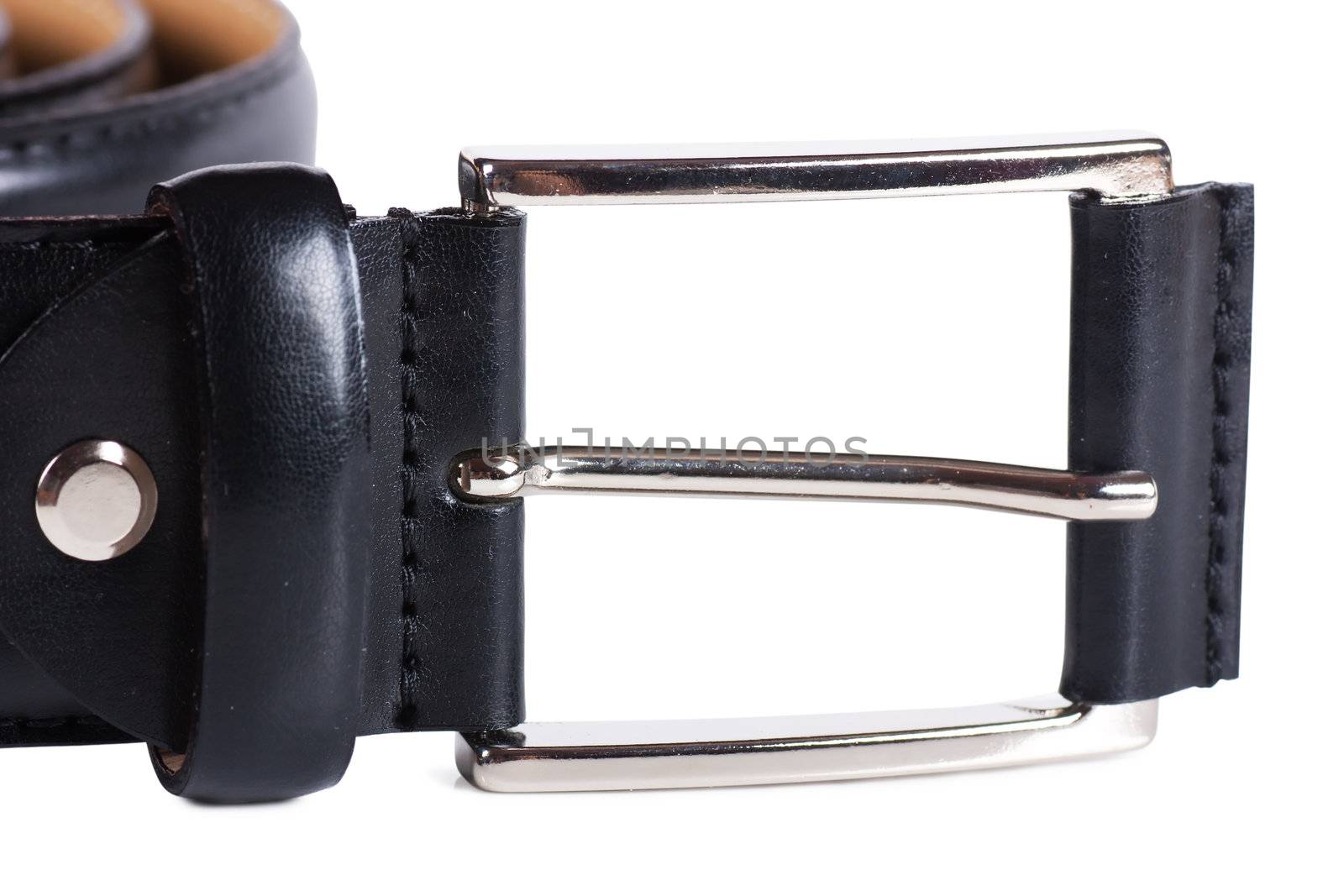 Men's black leather belt with metallic buckle over white