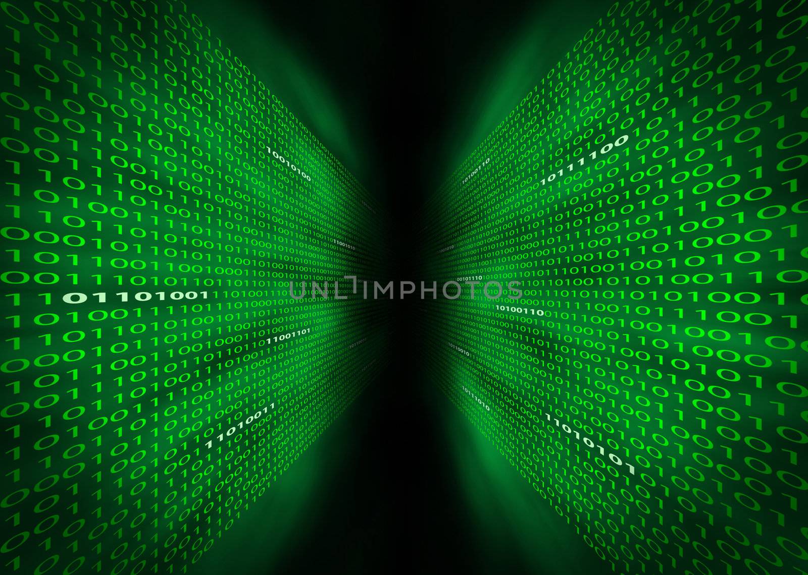 Two walls of binary ones and zeros diminishing into a common vanishing point.