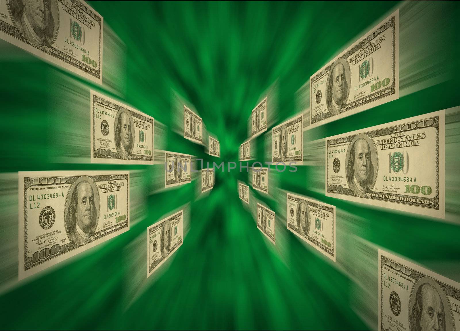$100 bills flying through a green vortex, possibly representing high-speed cash flow, e-commerce, and transactions